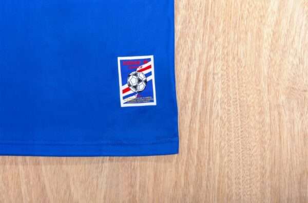Zoom sur le logo et coutures du maillot vintage France Domicile Euro 1984