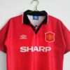 Zoom sur le col et les logos du maillot vintage Manchester United Domicile 1994/1996